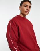 Asos Design Oversized Sweatshirt With Piping In Burgundy - Part Of A Set-red