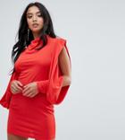 Asos Petite Cold Shoulder Drape Sleeve Bodycon Dress-red