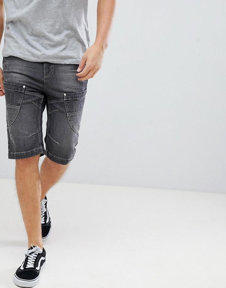 Crosshatch Washed Black Paneled Denim Shorts - Black