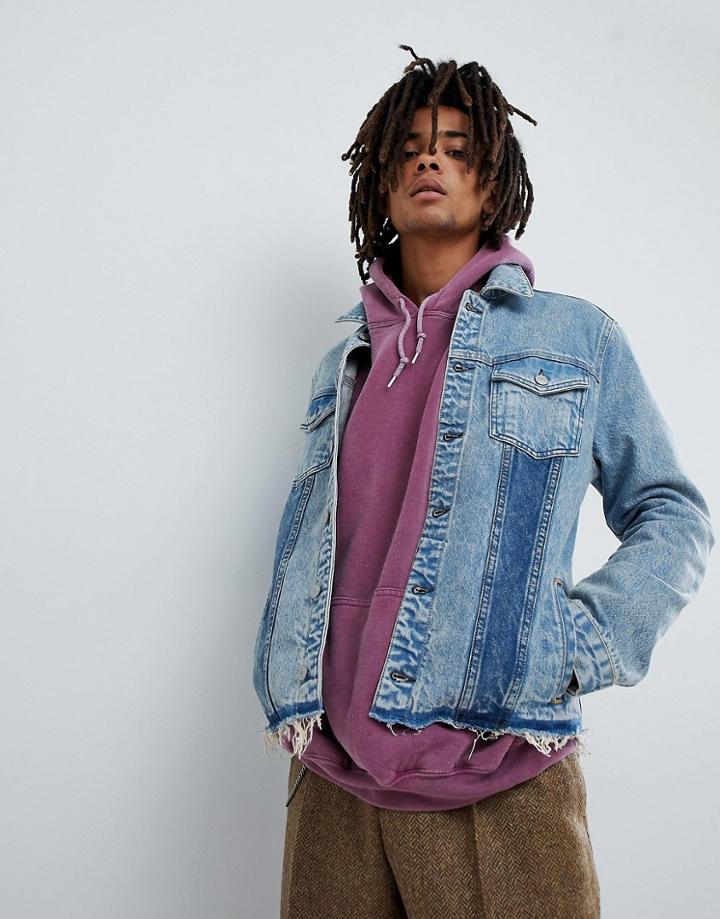 Mennace Denim Jacket In Midwash Blue With Contrast Panels - Blue