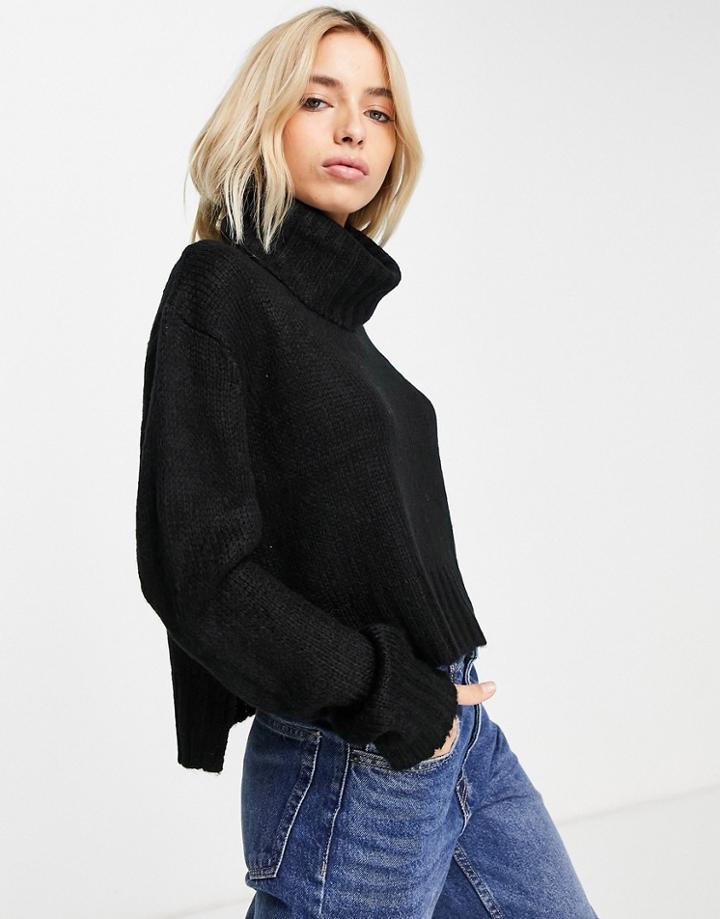 Brave Soul Cattio Boxy Cropped Roll Neck Sweater-black