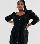 Asos Design Curve Long Sleeve Popper Front Tea Dress - Black