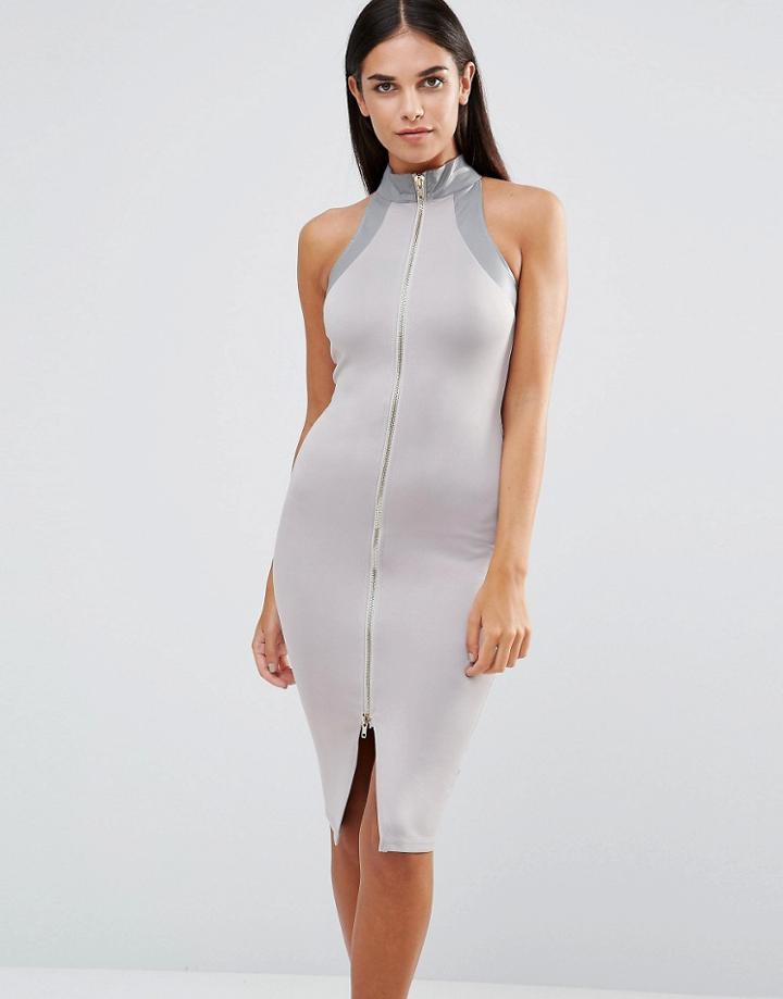 Ax Paris Pencil Dress With Zip Front - Gray