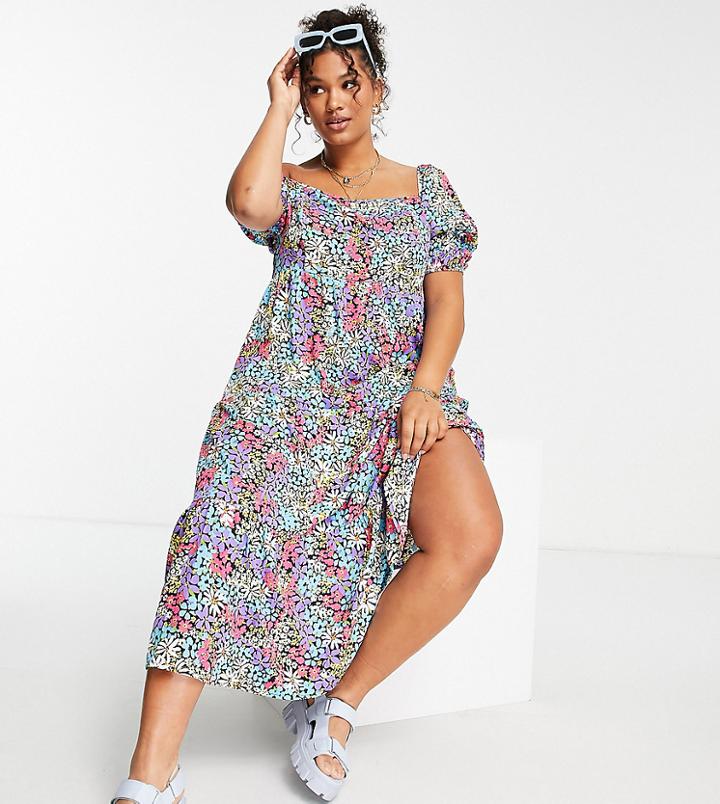 Influence Plus Square Neck Puff Sleeve Midi Dress In Bold Floral Print-multi