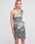 City Goddess One Shoulder Pencil Dress With Front Ruffle - Silver