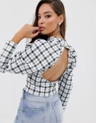 Asos Design Top With Puff Sleeve And Open Back In Check Print-white