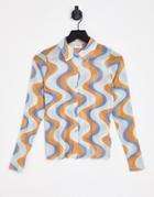 Cotton: On Mesh Long Sleeve Shirt In Blue Wave Print