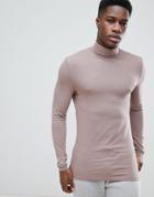 Asos Design Muscle Fit Long Sleeve T-shirt With Roll Neck In Purple - Brown