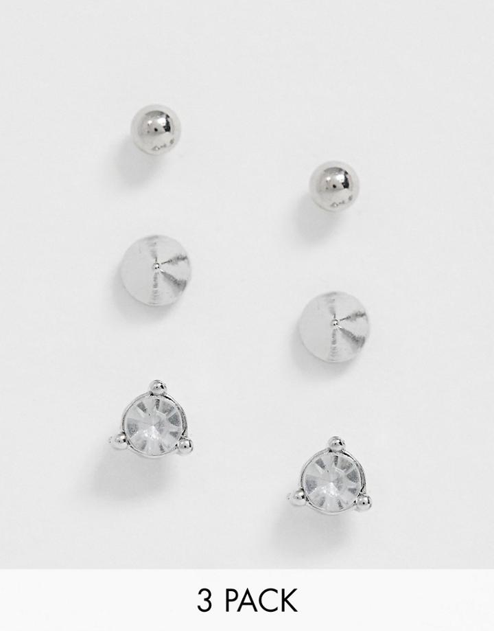 Asos Design Pack Of 3 Stud Earrings With Spike And Crystal In Silver Tone - Silver