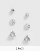 Asos Design Pack Of 3 Stud Earrings With Spike And Crystal In Silver Tone - Silver