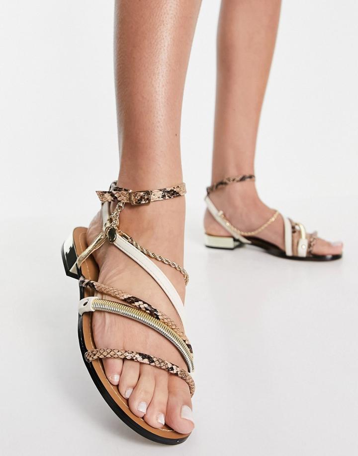 River Island Snake And Rope Detail Flat Sandals In Brown