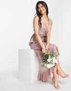 Blume Bridal Wrap Midi Dress With Ruffle Skirt Detail In Pink