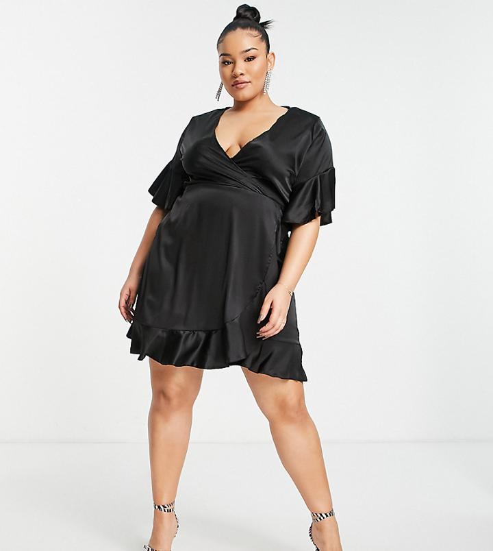 Ax Paris Plus Ruffle Wrap Dress In Black Satin
