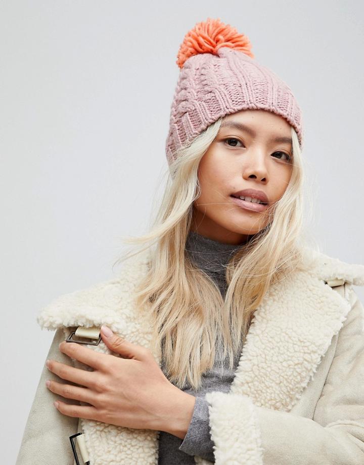 Brave Soul Cable Hat With Knitted Bobble In Soft Lilac - Multi