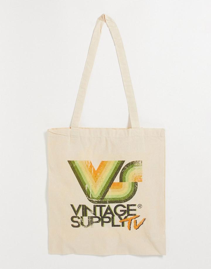 Vintage Supply Tote Bag In Cream With Tv Print-white
