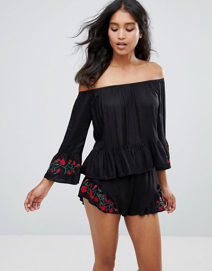 Rage Off Shoulder Long Sleeve Embroidered Top - Black