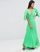 Asos Ruffle Self Stripe Flutter Sleeve Maxi Dress - Green