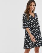 Asos Design V Neck Button Through Mini Smock Dress In Daisy Polka Dot-multi