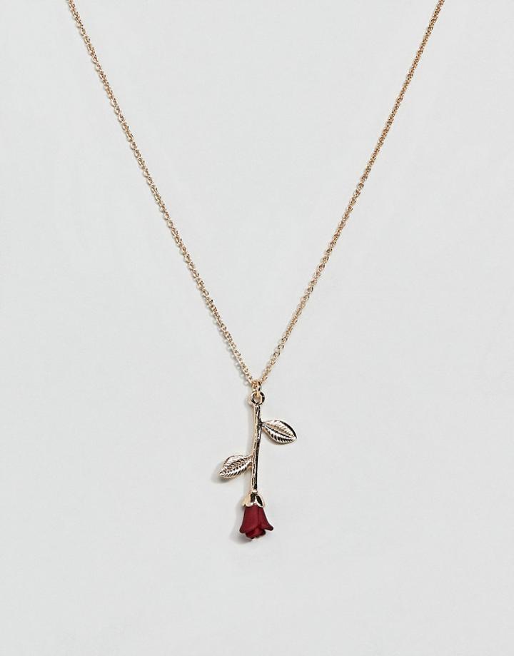 Asos Design Necklace With Rose Pendant In Gold - Gold