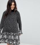 New Look Curve Mono Mix Floral Print Frill Sleeve Dress - Black