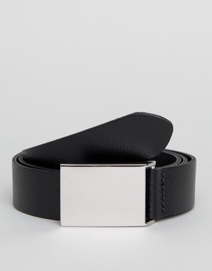 Asos Smart Slim Leather Belt With Brushed Silver Plate - Black