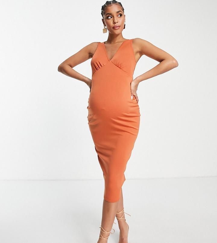Asos Design Maternity Button Back Midi Dress In Rust-green