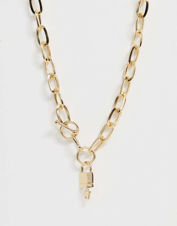 Asos Design Necklace In Hardware Chain With Padlock And Toggle In Gold Tone - Gold