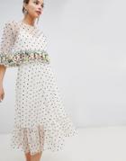 Asos Design Midi Dress With Floral Ruffles And All Over Embellished Spot - Cream