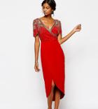 Virgos Lounge Julisa Midi Dress With Wrap Front And Embellished Shoulder - Red