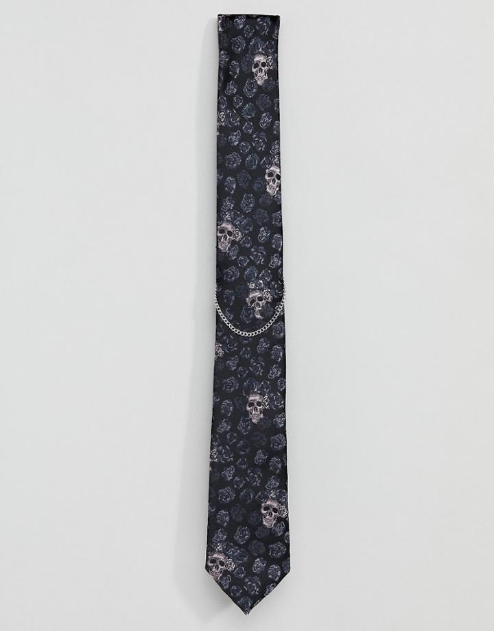 Twisted Tailor Tie With Skull Jacquard And Chain - Black