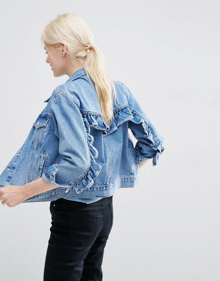 Asos Denim Western Jacket In Mid Stone-wash Blue With Frill Detail - Mid Stonewash Blue