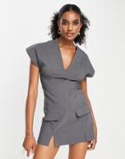 Asos Design V Front Pocket Mini Dress In Gray