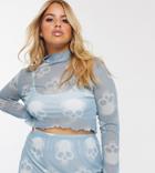 Rokoko Plus Long Sleeve Mesh Crop Top In All Over Skull Graphic Two-piece-multi