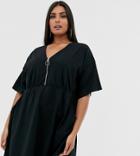Asos Design Curve Zip Front Smock Dress With Pockets-black