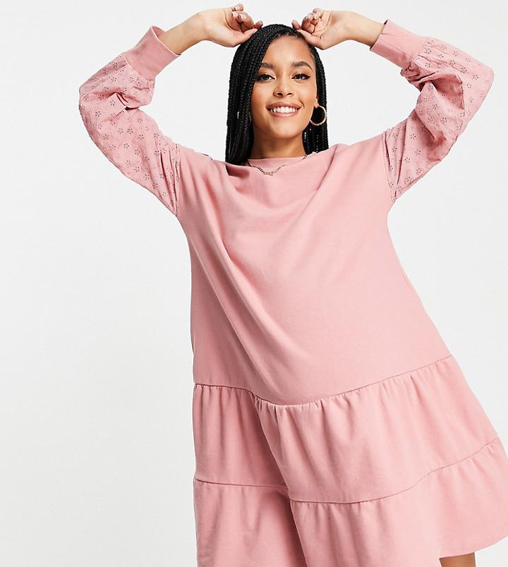 Violet Romance Maternity Tiered Sweater Dress With Eyelet Sleeves In Pink