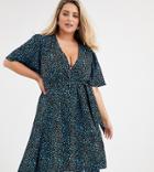 Fashion Union Plus Wrap Dress With Ruched Sleeve In Blue Dalmatian