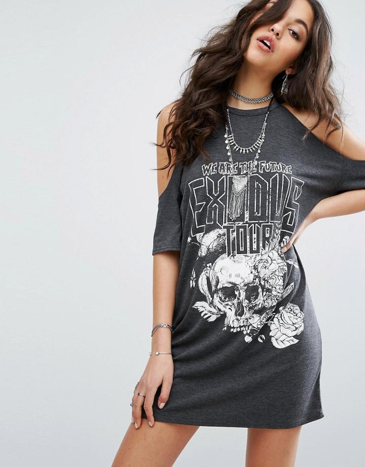 Missguided Band Print Cold Shoulder T-shirt Dress - Gray