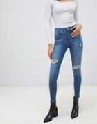 Miss Selfridge Skinny Jeans With Distressed Rips In Mid Wash - Blue