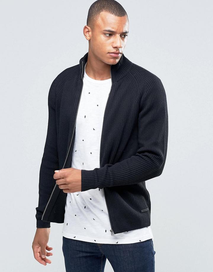 Jack & Jones Ribbed Funnel Neck Zipped Cardigan - Black