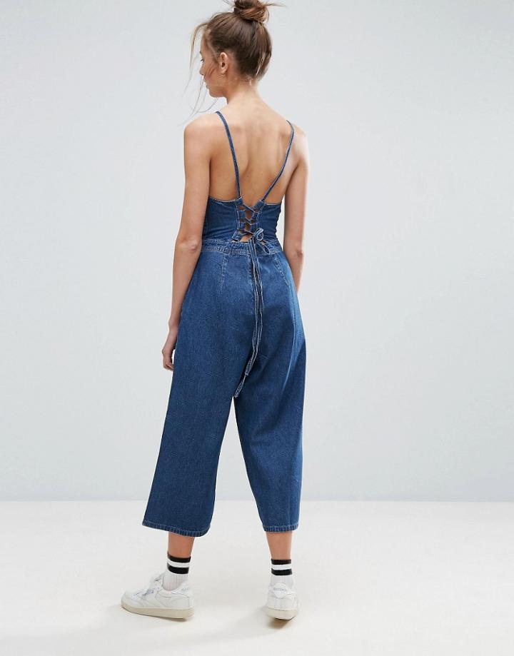 Asos Denim Halter Jumpsuit With Lace Up Back Detail - Blue