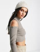 Pull & Bear Cut Out Shoulder Long Sleeved Top In Gray-brown
