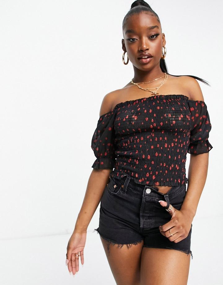 Parisian Shirred Body Crop Top In Floral Print-multi
