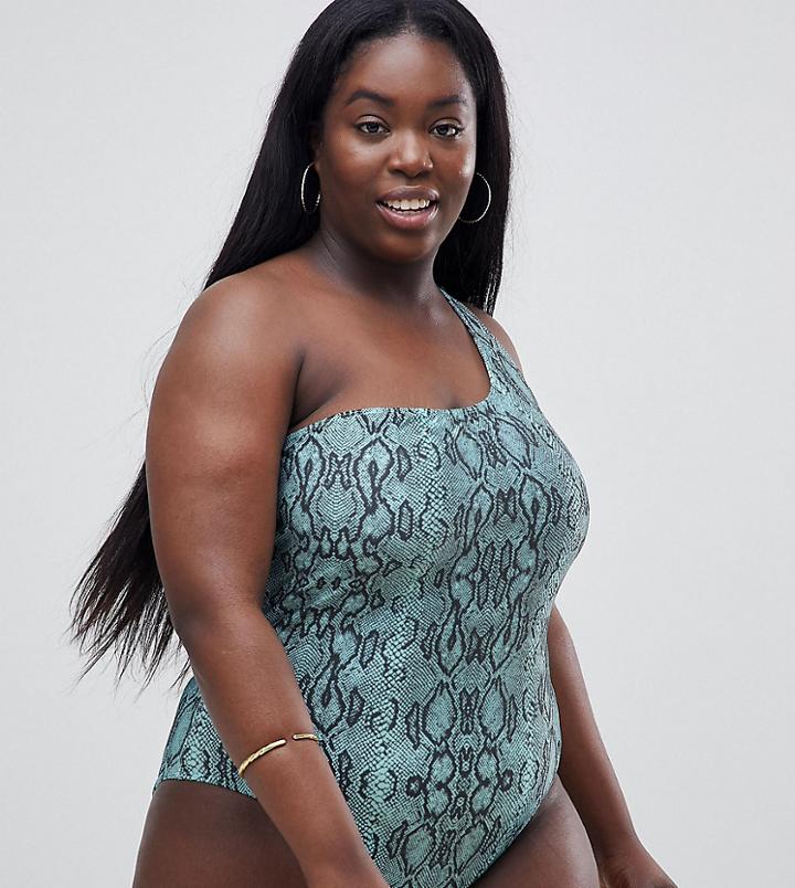 Unique 21 Plus Size One Shoulder Asymmetric Snake Print Swimsuit - Blue