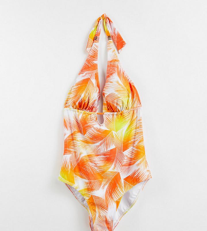 Figleaves Tall Manila Non Wired Tummy Control Swimsuit In Coral Palm-orange