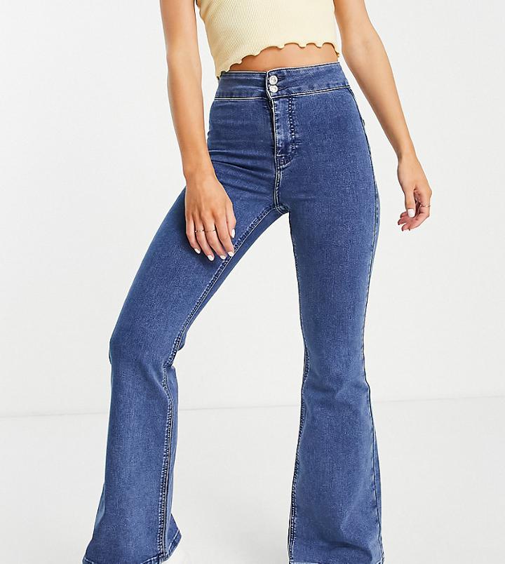 Topshop Petite Recycled Cotton Mid Blue Flared Joni Jeans-blues