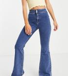 Topshop Petite Recycled Cotton Mid Blue Flared Joni Jeans-blues