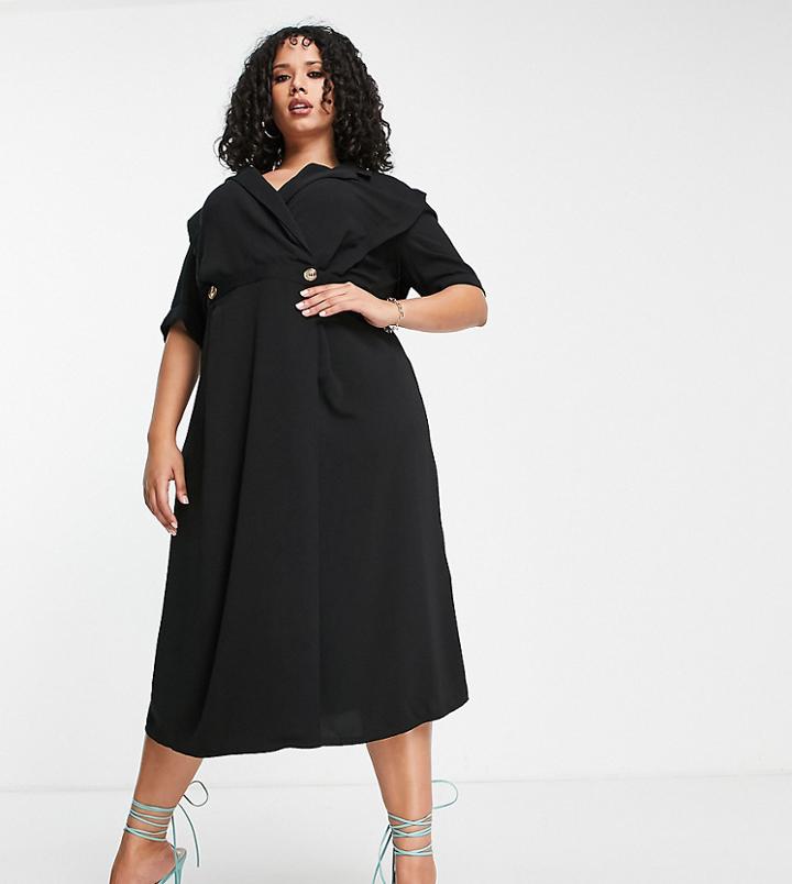 Asos Design Curve Wrap Tux Midi Dress With Shoulder Pads In Black