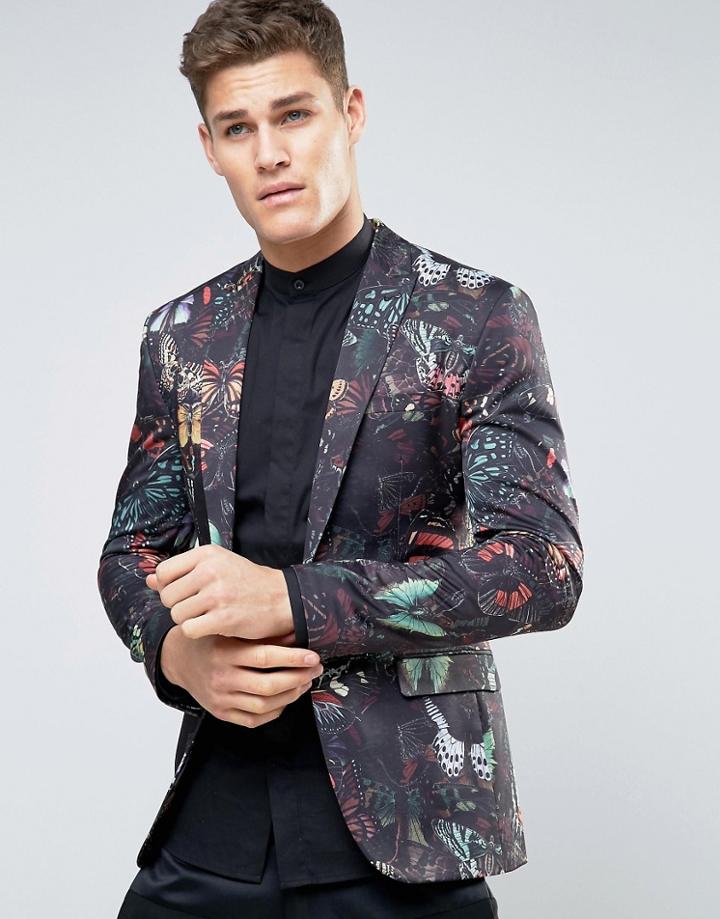Asos Super Skinny Blazer With Butterfly Print - Black