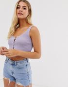 Asos Design Crop Top In Rib Knit With Button Detail - Purple