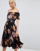 Asos Bardot Midi Dress In Floral Print - Multi